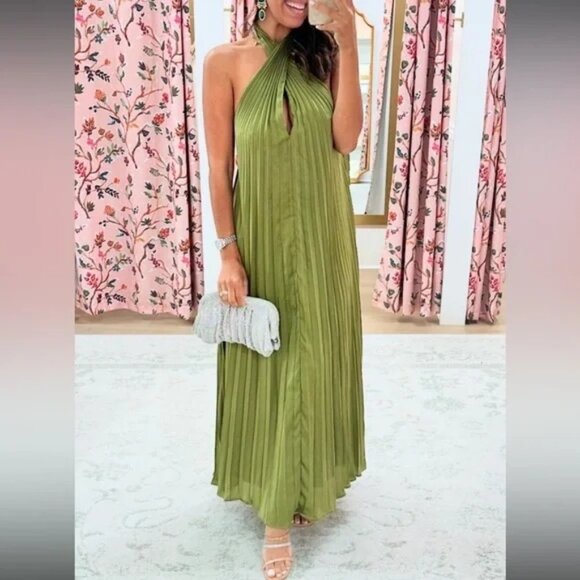 Lucy Paris- Blyth Pleated Dress in Olive - Picture 1 of 5
